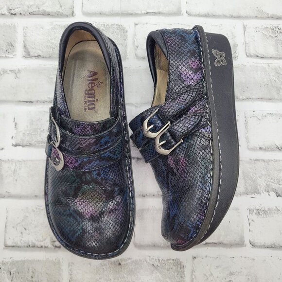 Alegria 726 Rainbow Snakeskin Slip on Clogs Side Buckle Size 37 EU 7-7.5 US - Picture 1 of 7